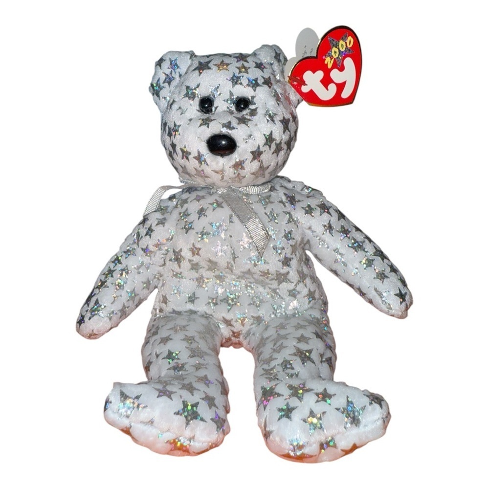 vintage Ty White Bear with Silver Stars Plush Toy with tag errors